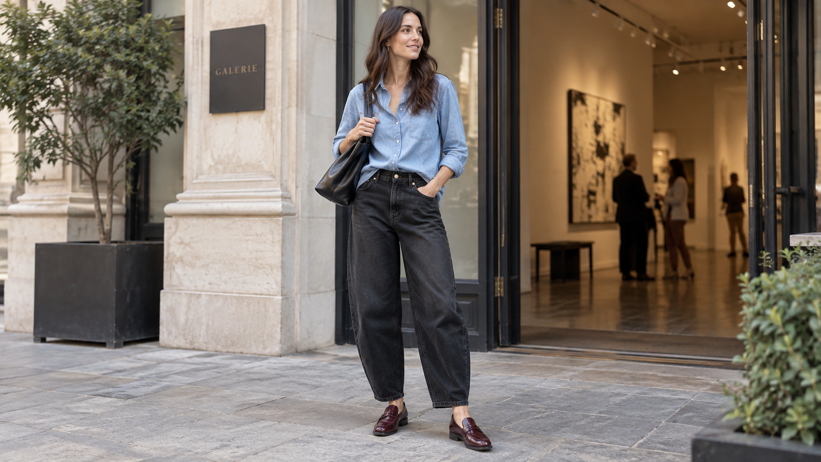 Chambray Shirt styled with Black Barrel Jeans and Burgundy Loafers